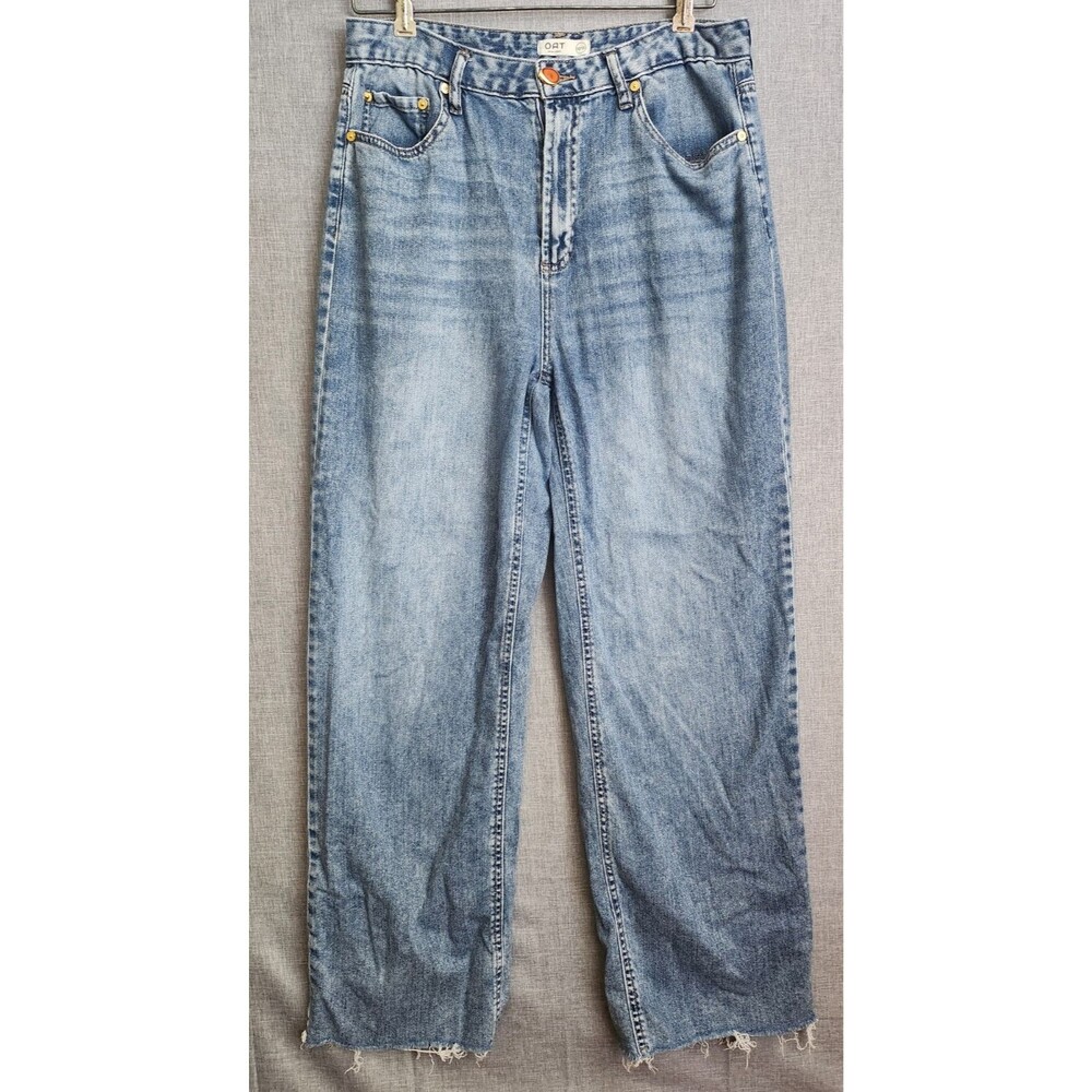 OAT Jeans Cloud Luxe Denim Frayed Hem Wide Leg Faded Modified Button Sz 10 30